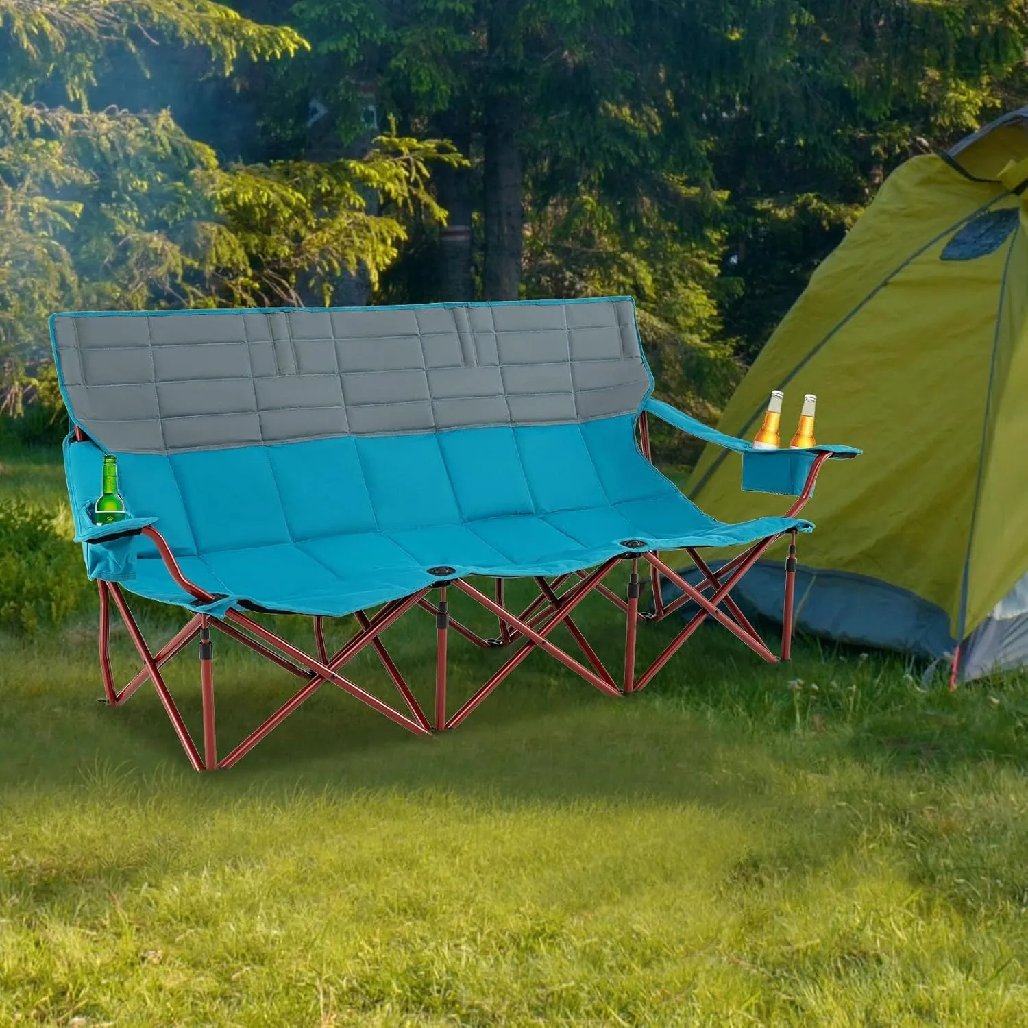 Goplus 3 Person Camping Chair for Adults, Low Outdoor Folding Oversized Couch Chair w/Cup Holders & Thick Padding, Heavy-Duty Lawn Chair for Beach Picnic Travel, Supports 900 LBS (3-Person Seat)