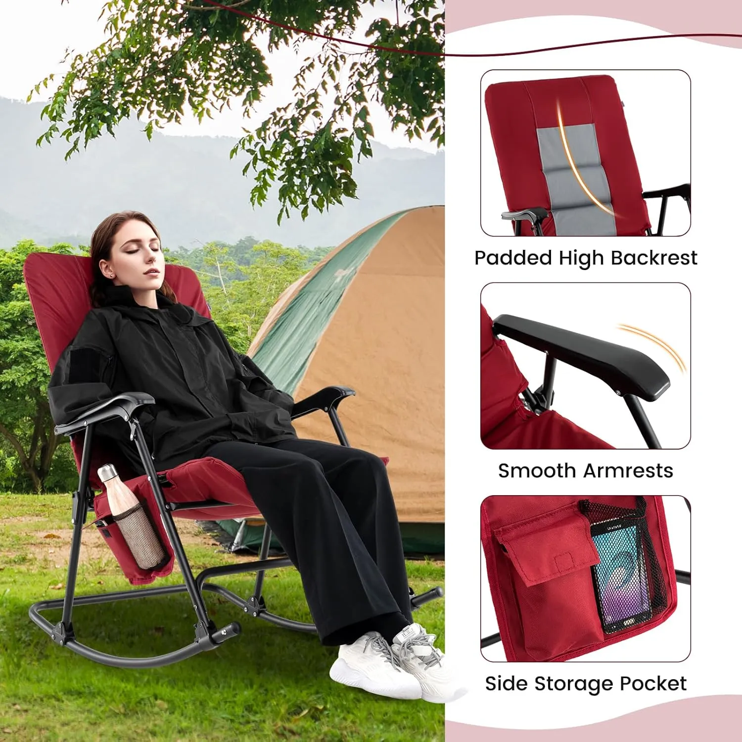 Goplus Oversized Folding Rocking Chair, Padded Patio Lounge Rocker w/Metal Frame, Armrests, Side Pocket, Lightweight Portable Rocking Chair for Backyard Camping Travel, Supports up to 500 lbs(1,Red)