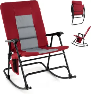 Goplus Oversized Folding Rocking Chair, Padded Patio Lounge Rocker w/Metal Frame, Armrests, Side Pocket, Lightweight Portable Rocking Chair for Backyard Camping Travel, Supports up to 500 lbs(1,Red)