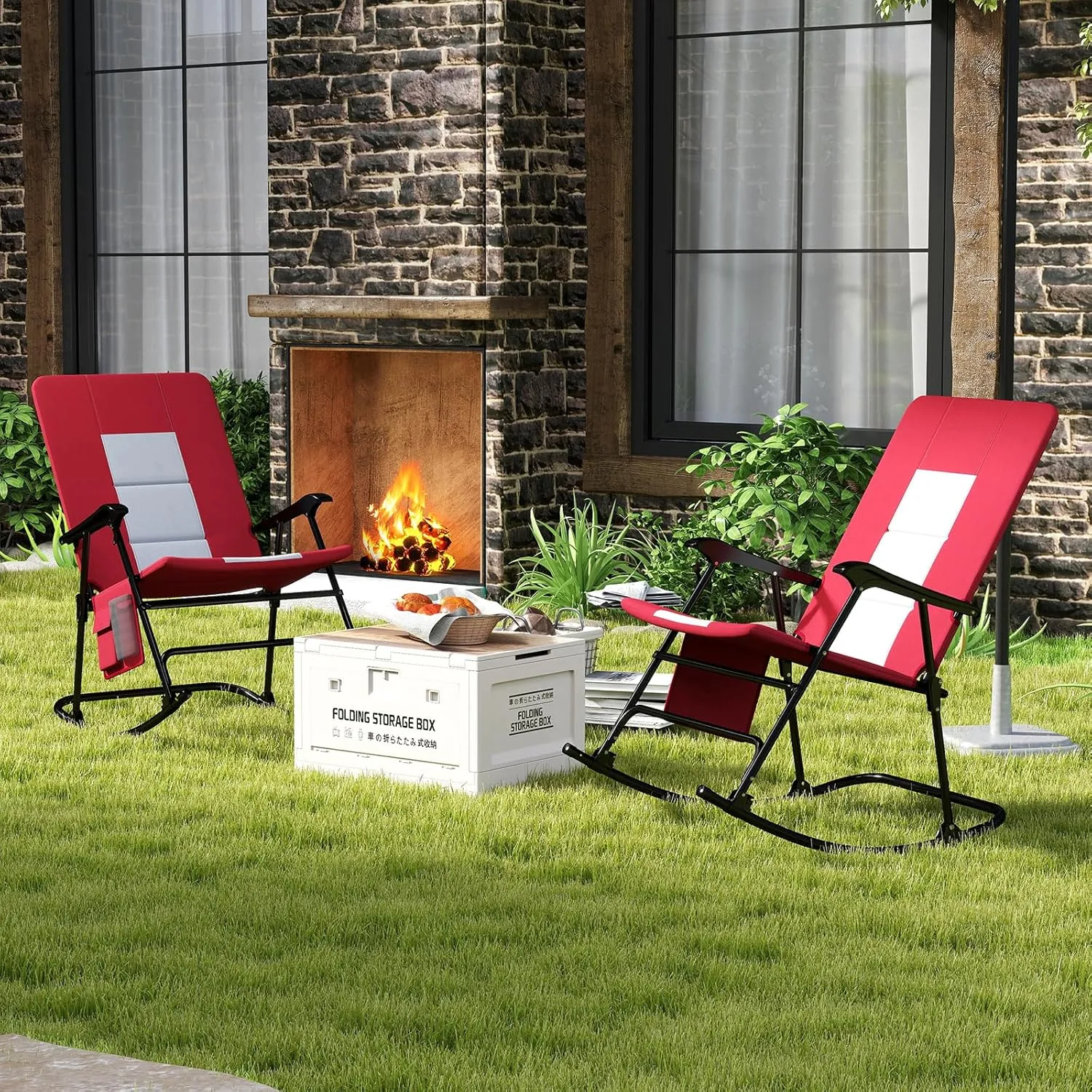 Goplus Oversized Folding Rocking Chair, Padded Patio Lounge Rocker w/Metal Frame, Armrests, Side Pocket, Lightweight Portable Rocking Chair for Backyard Camping Travel, Supports up to 500 lbs(1,Red)