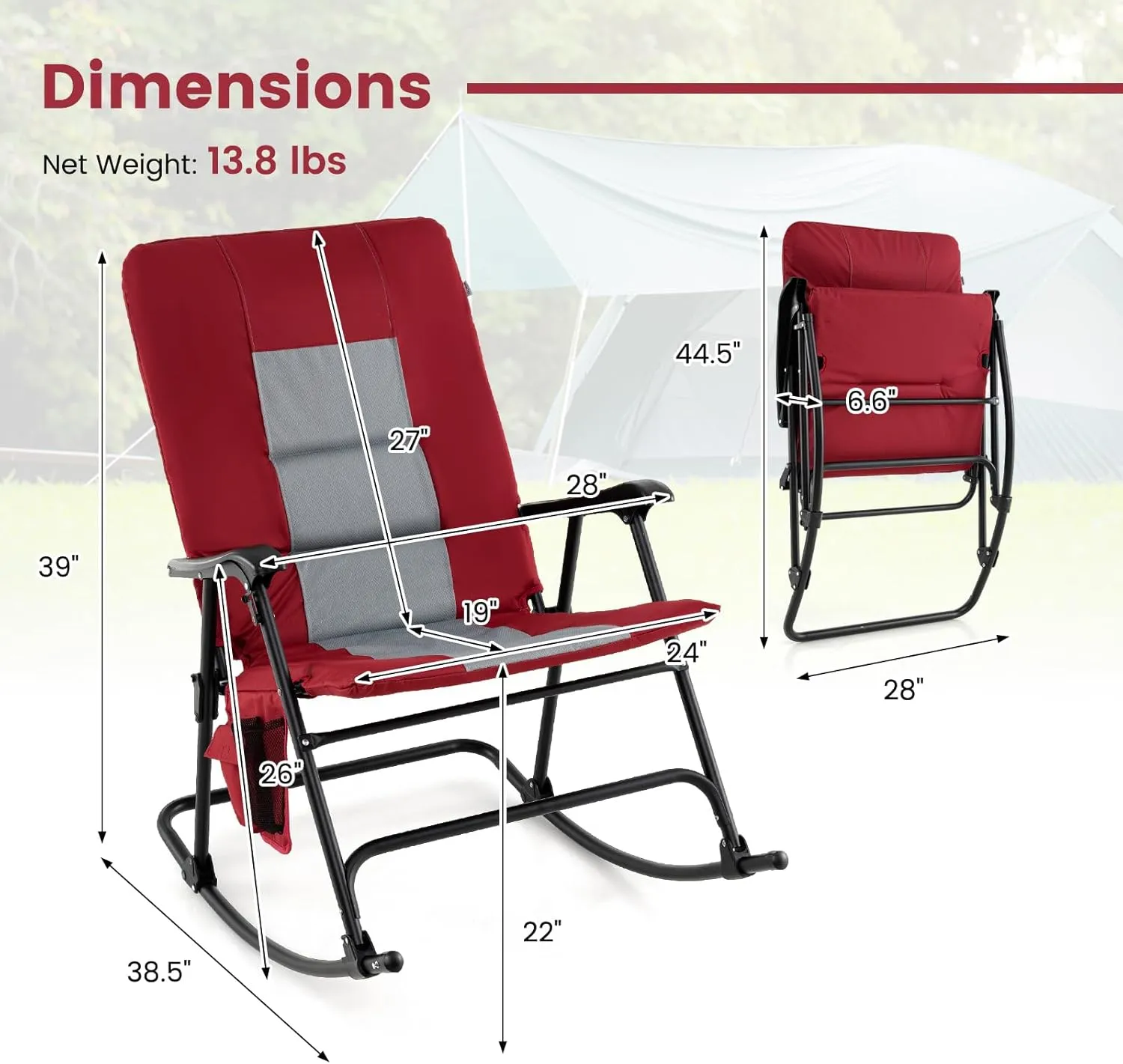 Goplus Oversized Folding Rocking Chair, Padded Patio Lounge Rocker w/Metal Frame, Armrests, Side Pocket, Lightweight Portable Rocking Chair for Backyard Camping Travel, Supports up to 500 lbs(1,Red)