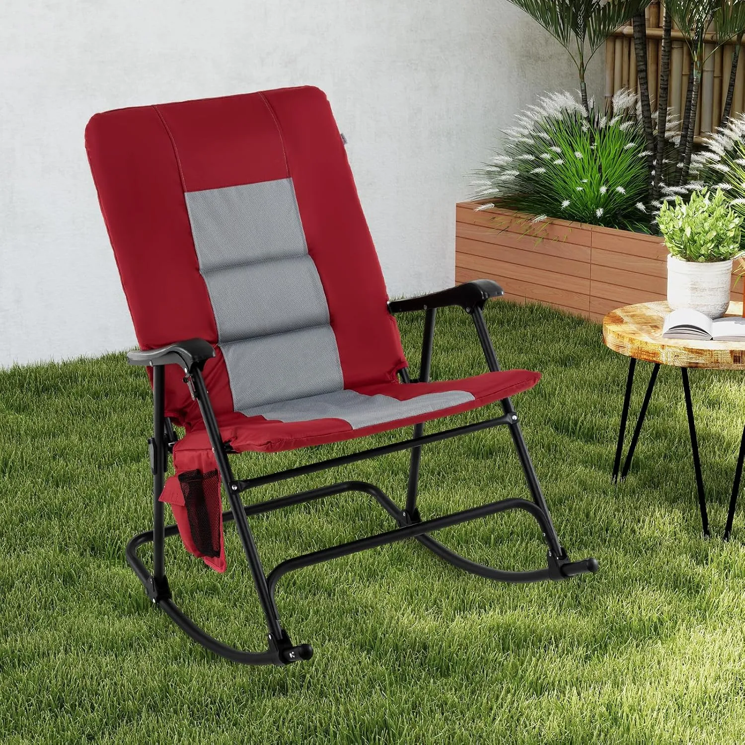 Goplus Oversized Folding Rocking Chair, Padded Patio Lounge Rocker w/Metal Frame, Armrests, Side Pocket, Lightweight Portable Rocking Chair for Backyard Camping Travel, Supports up to 500 lbs(1,Red)