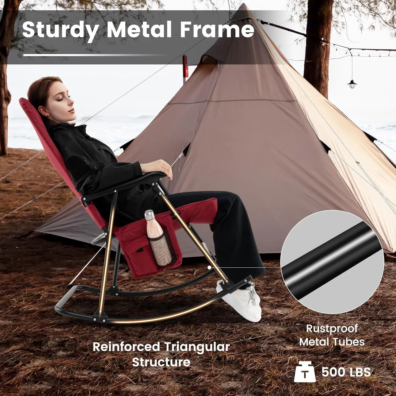 Goplus Oversized Folding Rocking Chair, Padded Patio Lounge Rocker w/Metal Frame, Armrests, Side Pocket, Lightweight Portable Rocking Chair for Backyard Camping Travel, Supports up to 500 lbs(1,Red)