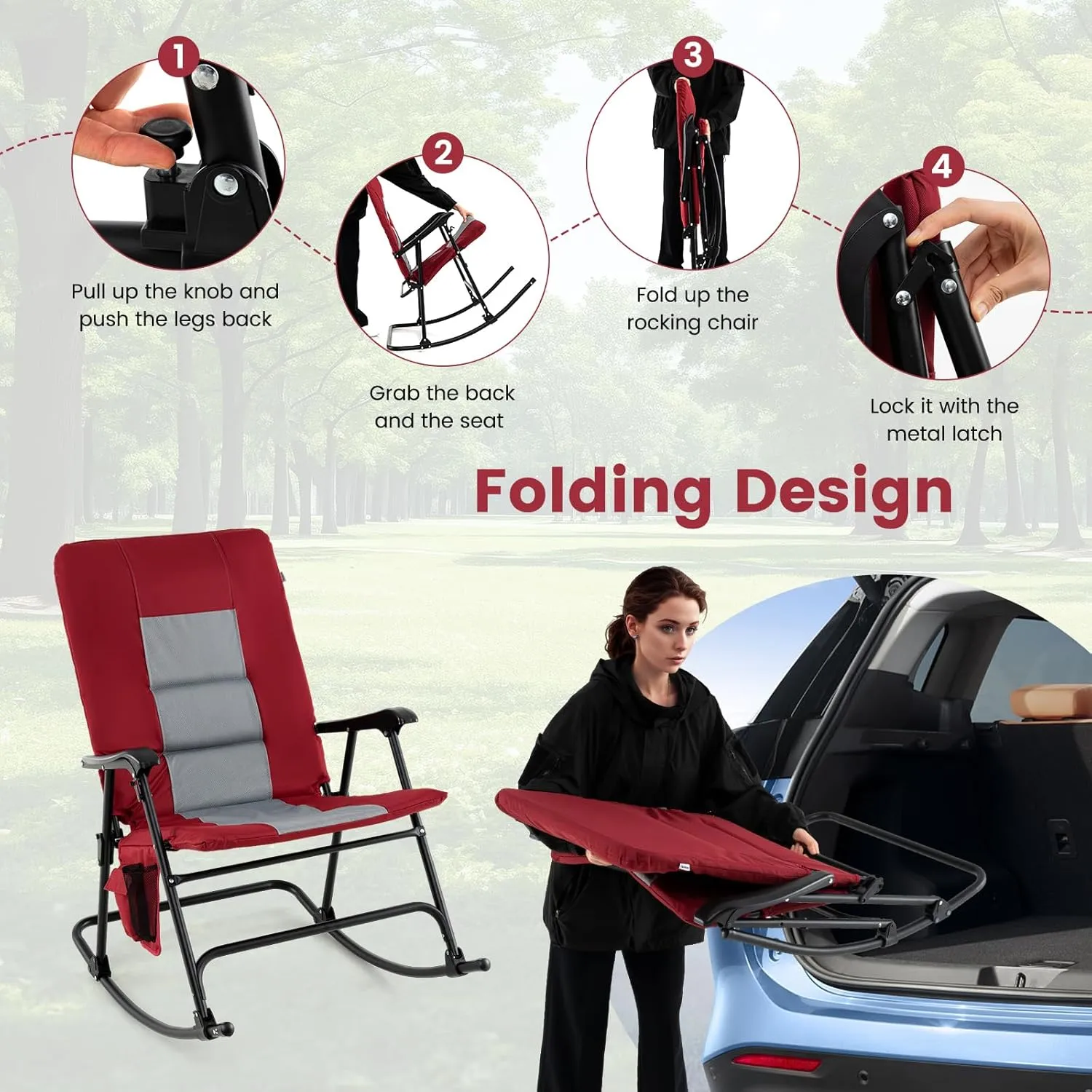 Goplus Oversized Folding Rocking Chair, Padded Patio Lounge Rocker w/Metal Frame, Armrests, Side Pocket, Lightweight Portable Rocking Chair for Backyard Camping Travel, Supports up to 500 lbs(1,Red)