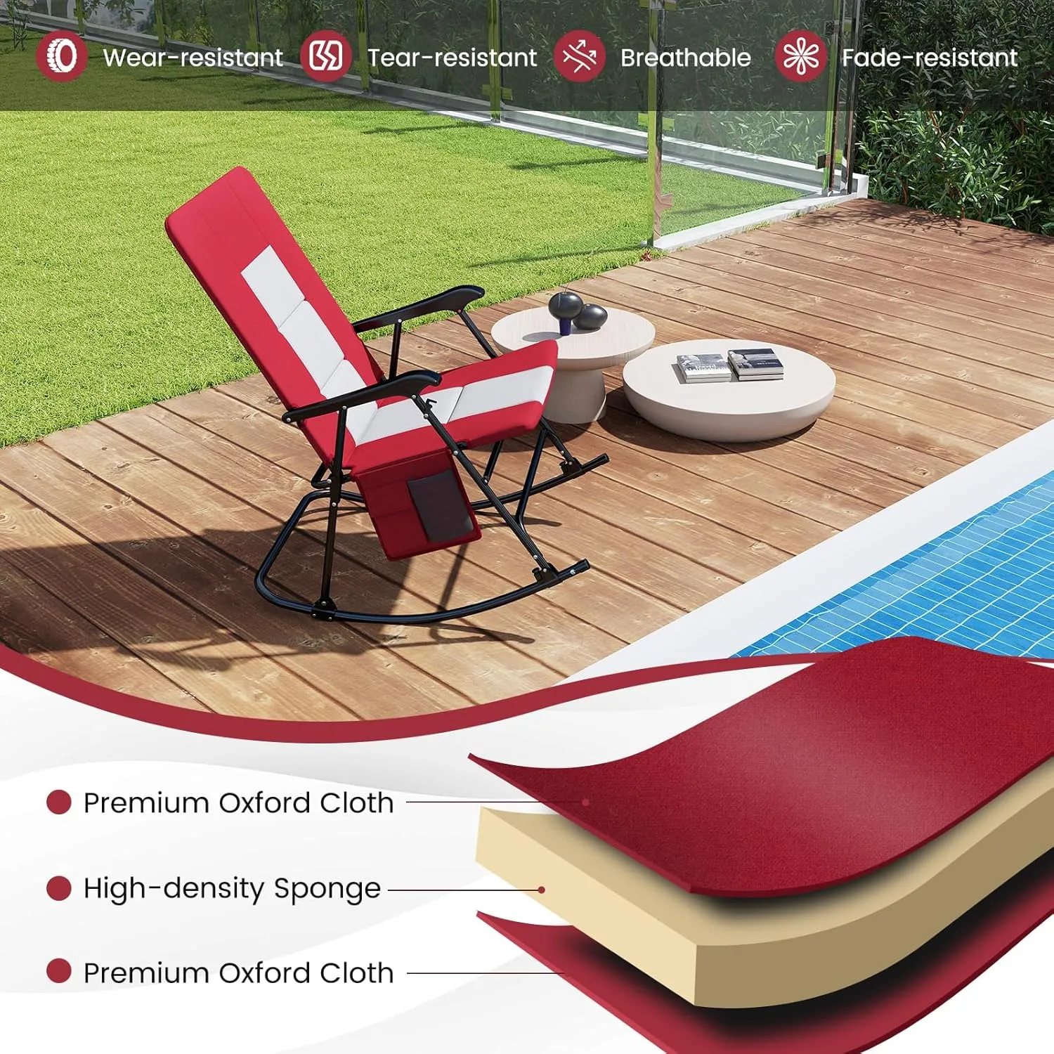 Goplus Oversized Folding Rocking Chair, Padded Patio Lounge Rocker w/Metal Frame, Armrests, Side Pocket, Lightweight Portable Rocking Chair for Backyard Camping Travel, Supports up to 500 lbs(1,Red)