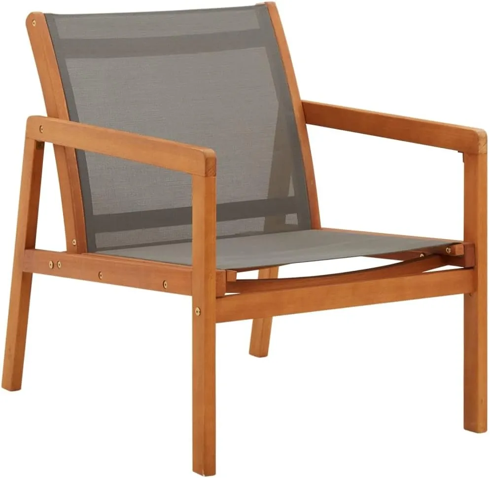 Gray Patio Lounge Chair Solid Eucalyptus Wood with Textilene Fabric for Outdoor Garden Deck Poolside