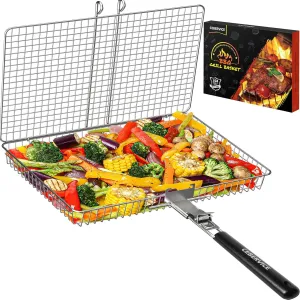 Grill Basket Extra Large, SUS304 Stainless Steel, Portable Folding BBQ Camping Grilling Rack for Fish, Vegetables, Shrimp, Barbeque Griller Cooking Accessories, Grilling Gifts for Men, Dad