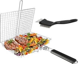 Grill Basket, Large Folding Grilling Basket with Grill Cleaning Brush, Stainless Steel for Chicken, Meat, Steak, Chops(1pcs Large Grill Basket   1pcs Brush)