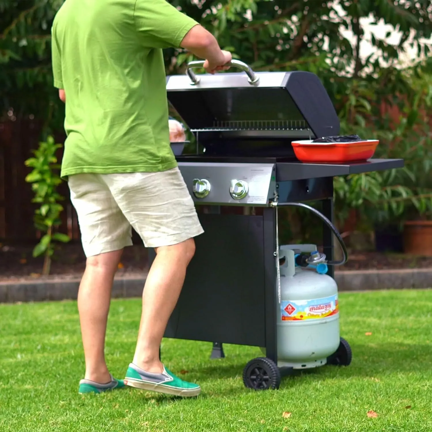 Grill Boss 3 Burner Propane Gas Grill for Outdoor Barbecue Cooking with Top Cover Lid, Wheels, and Side Storage Shelves, Black