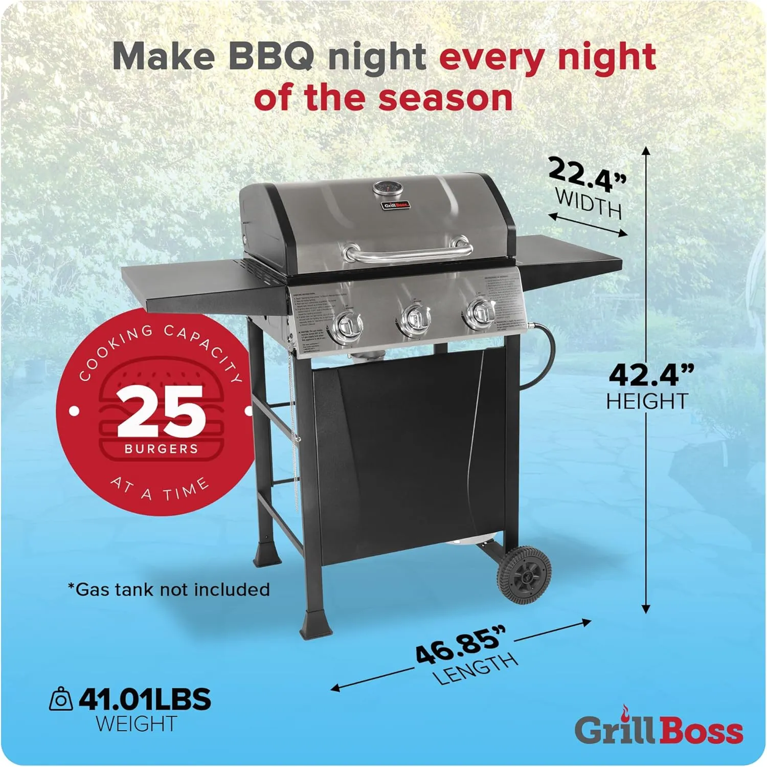 Grill Boss 3 Burner Propane Gas Grill for Outdoor Barbecue Cooking with Top Cover Lid, Wheels, and Side Storage Shelves, Black