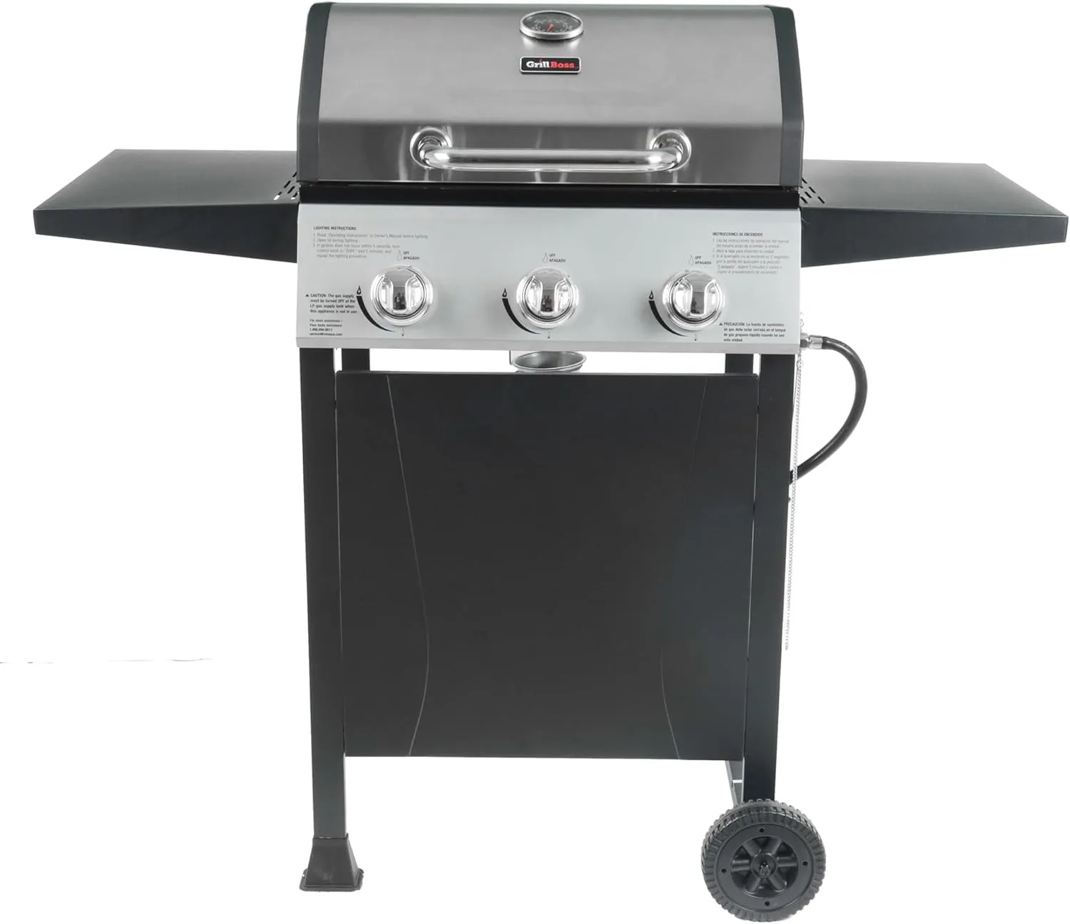 Grill Boss 3 Burner Propane Gas Grill for Outdoor Barbecue Cooking with Top Cover Lid, Wheels, and Side Storage Shelves, Black