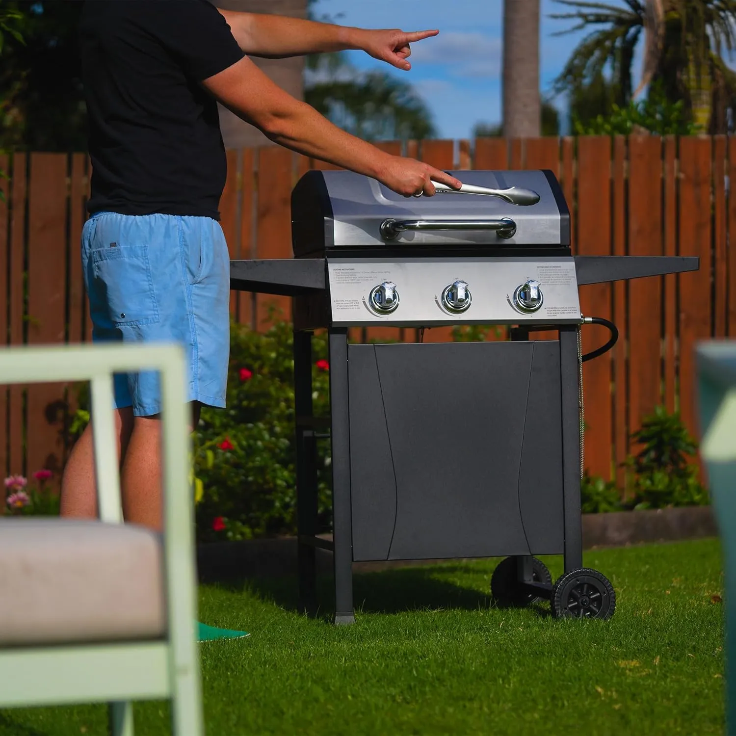 Grill Boss 3 Burner Propane Gas Grill for Outdoor Barbecue Cooking with Top Cover Lid, Wheels, and Side Storage Shelves, Black