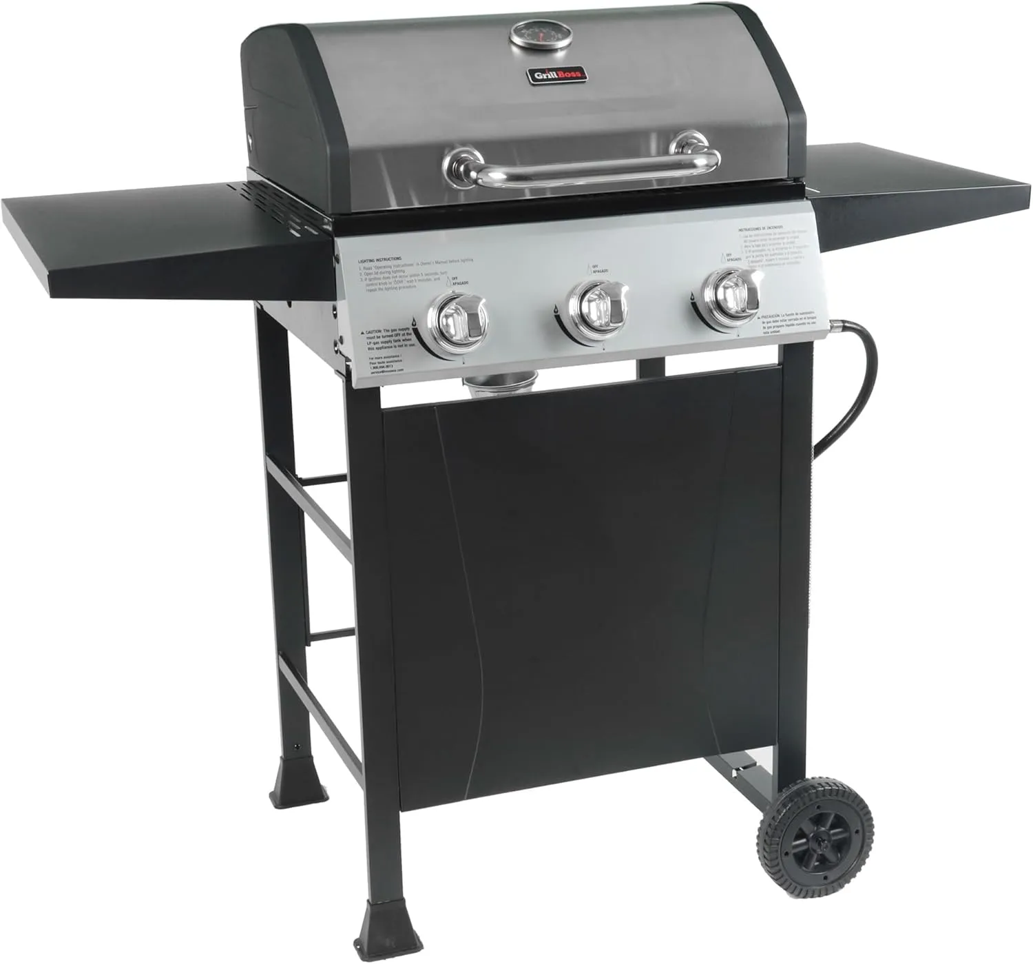 Grill Boss 3 Burner Propane Gas Grill for Outdoor Barbecue Cooking with Top Cover Lid, Wheels, and Side Storage Shelves, Black