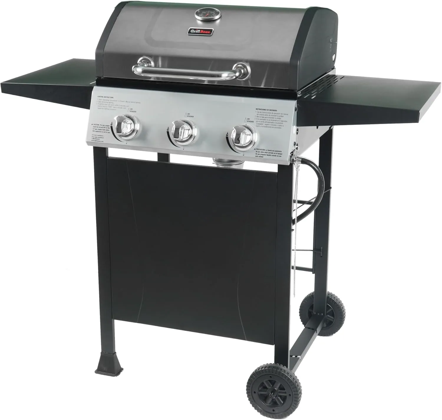 Grill Boss 3 Burner Propane Gas Grill for Outdoor Barbecue Cooking with Top Cover Lid, Wheels, and Side Storage Shelves, Black
