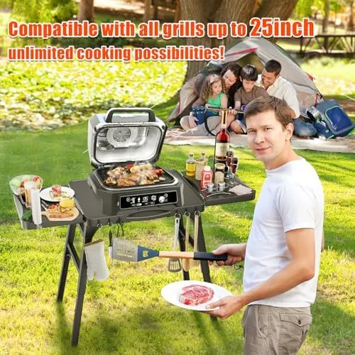 Grill Table Stand for Ninja Woodfire OG701 OG850 OG951 Outdoor Grill, Pizza Oven Table Stand for Onni 12, Foldable Grill Table for Blackstone, Cuisinart, with Air Vent, Adjustable Height