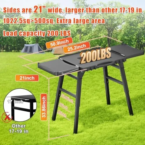 Grill Table Stand for Ninja Woodfire OG701 OG850 OG951 Outdoor Grill, Pizza Oven Table Stand for Onni 12, Foldable Grill Table for Blackstone, Cuisinart, with Air Vent, Adjustable Height