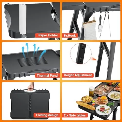 Grill Table Stand for Ninja Woodfire OG701 OG850 OG951 Outdoor Grill, Pizza Oven Table Stand for Onni 12, Foldable Grill Table for Blackstone, Cuisinart, with Air Vent, Adjustable Height