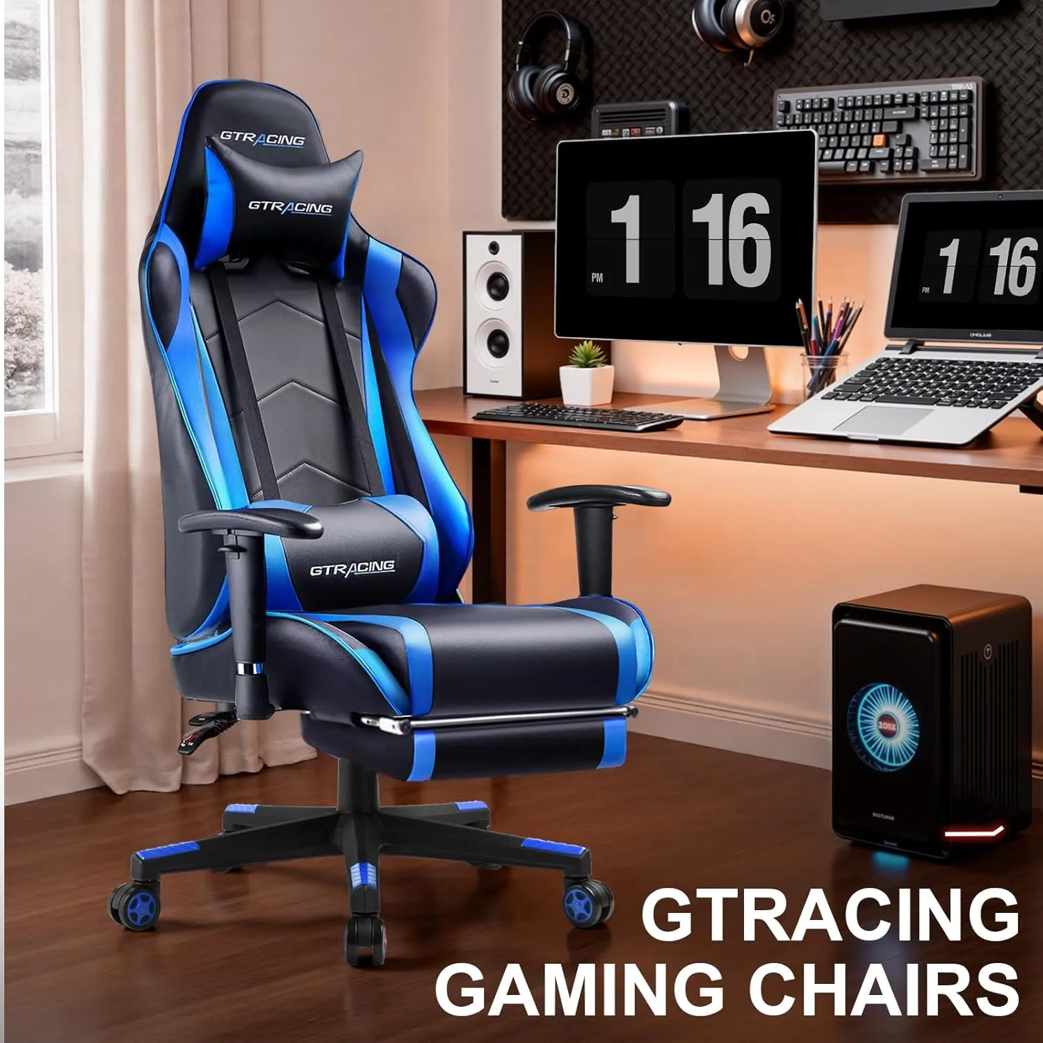 GTRACING Gaming Chair with Footrest, High Back Computer Chair Ergonomic Game Desk Chair Racing Executive Adjustable Swivel Rocker with Headrest and Lumbar Support