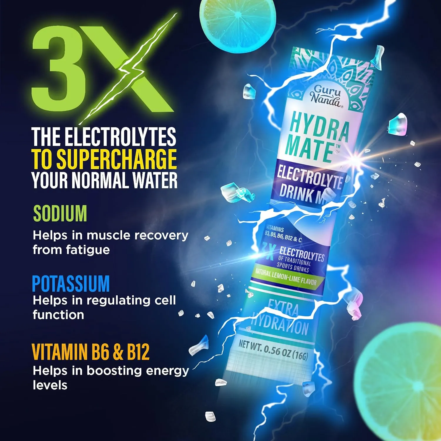 GuruNanda Hydramate Hydration Support Drink Mix - Electrolyte Powder Packets for Dehydration, Exercise & Energy - No Added Sweeteners, Non-GMO, Natural Lemon Lime Flavor - 48 Count (0.56 oz Each)