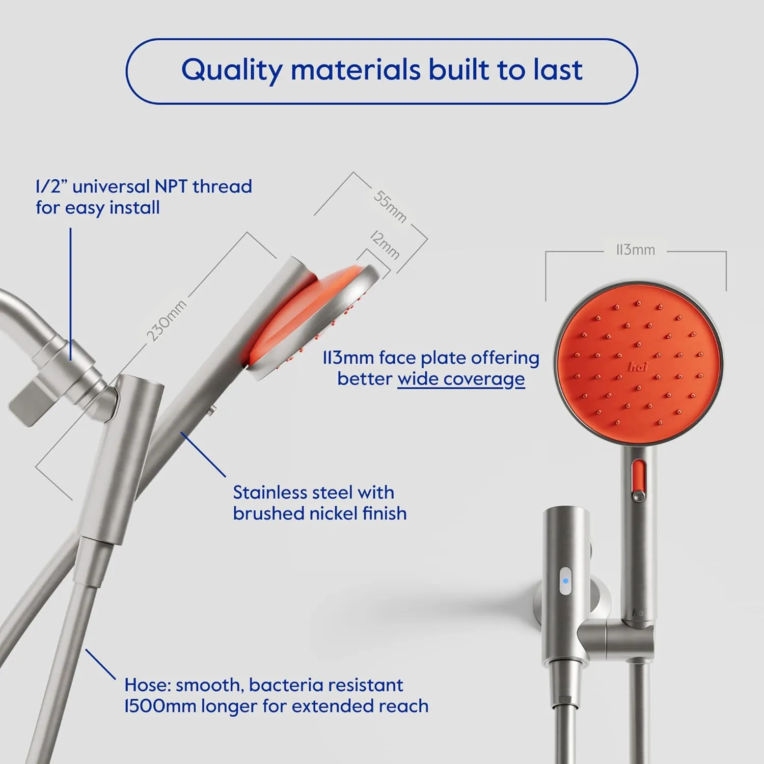 hai Smart Shower Head, Bluetooth Handheld Water Saving Showerhead with Adjustable High Pressure to Spa-Like Mist, Stainless Steel, Easy Installation, Customizable LED Lights, Persimmon, 2.5 GPM