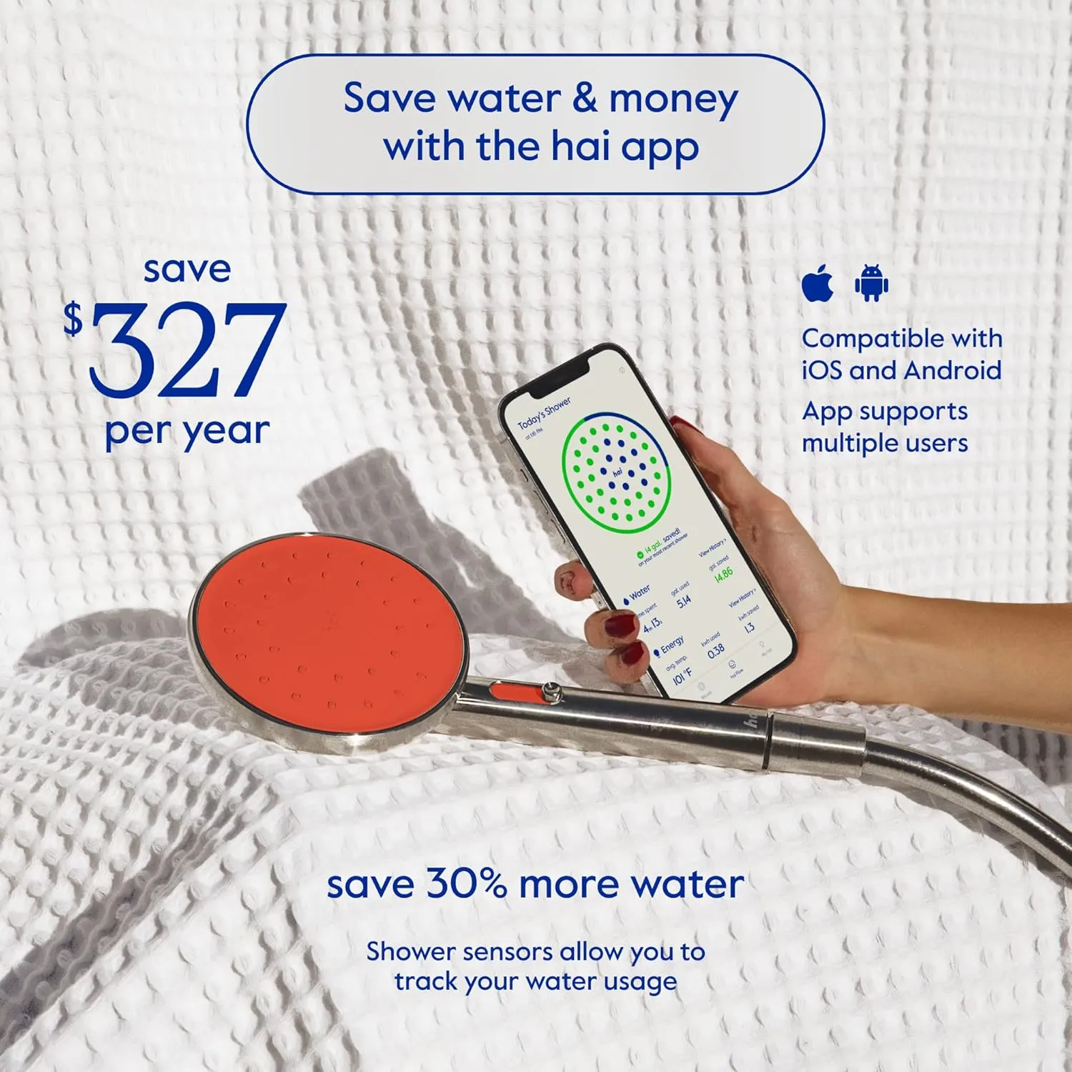 hai Smart Shower Head, Bluetooth Handheld Water Saving Showerhead with Adjustable High Pressure to Spa-Like Mist, Stainless Steel, Easy Installation, Customizable LED Lights, Persimmon, 2.5 GPM