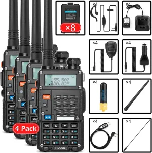Ham Radio (UV-5R) UHF VHF Dual Band 2-Way Radio with Rechargeable Li-ion Battery Handheld Walkie Talkies Complete Set with Earpiece and Programming Cable (4 Pack)