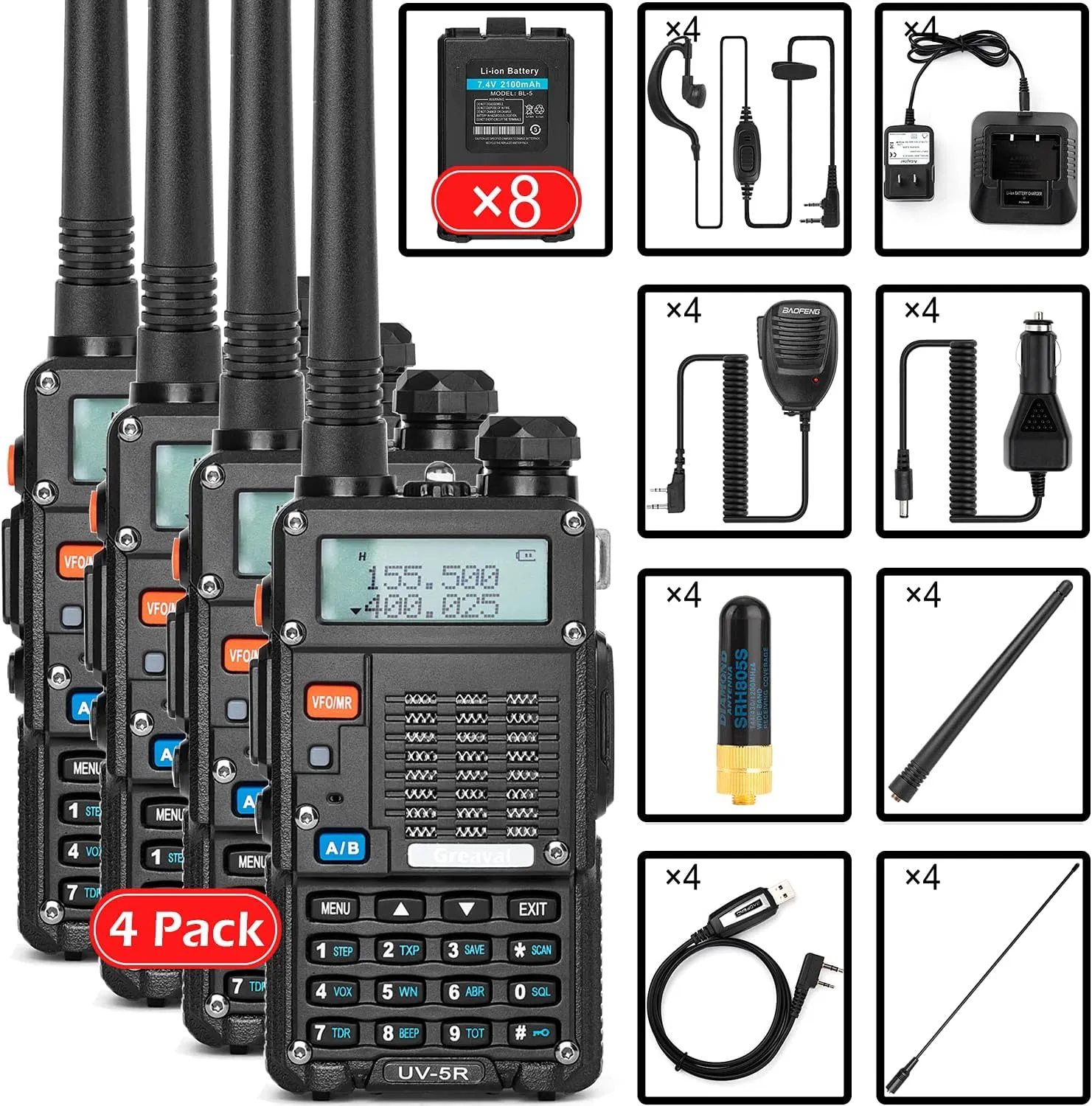 Ham Radio (UV-5R) UHF VHF Dual Band 2-Way Radio with Rechargeable Li-ion Battery Handheld Walkie Talkies Complete Set with Earpiece and Programming Cable (4 Pack)