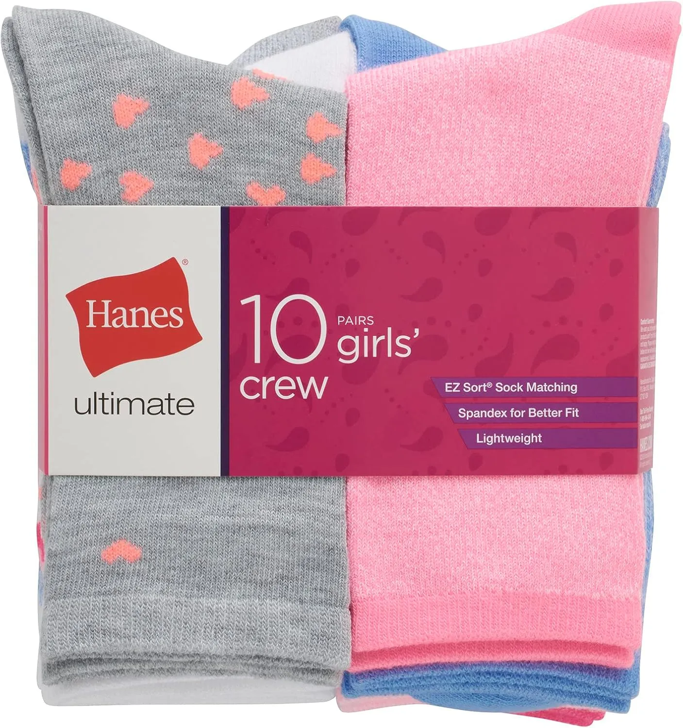 Hanes Girls' Ultimate Fashion Crew Socks Pack, Lightweight Stretch Crew Socks, Assorted 10-Pair Pack, Small
