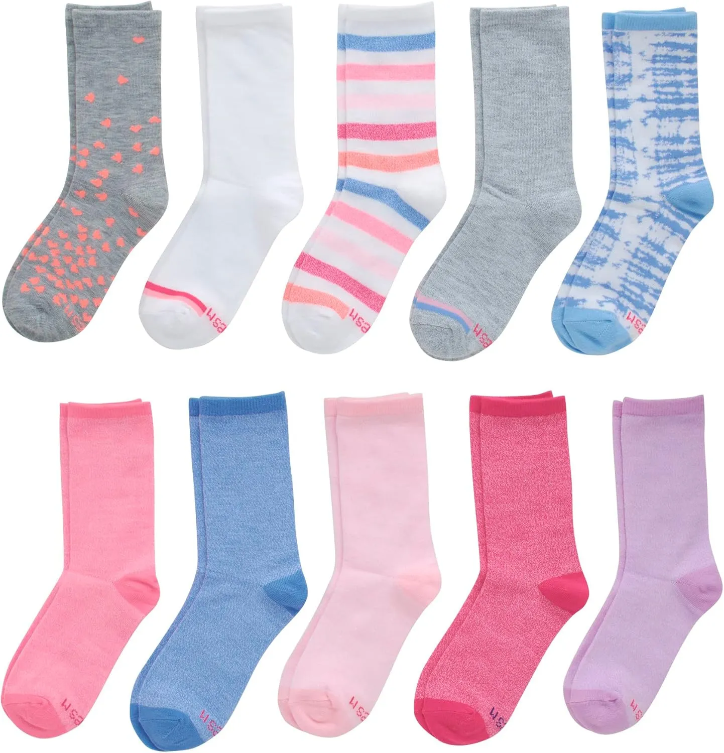 Hanes Girls' Ultimate Fashion Crew Socks Pack, Lightweight Stretch Crew Socks, Assorted 10-Pair Pack, Small