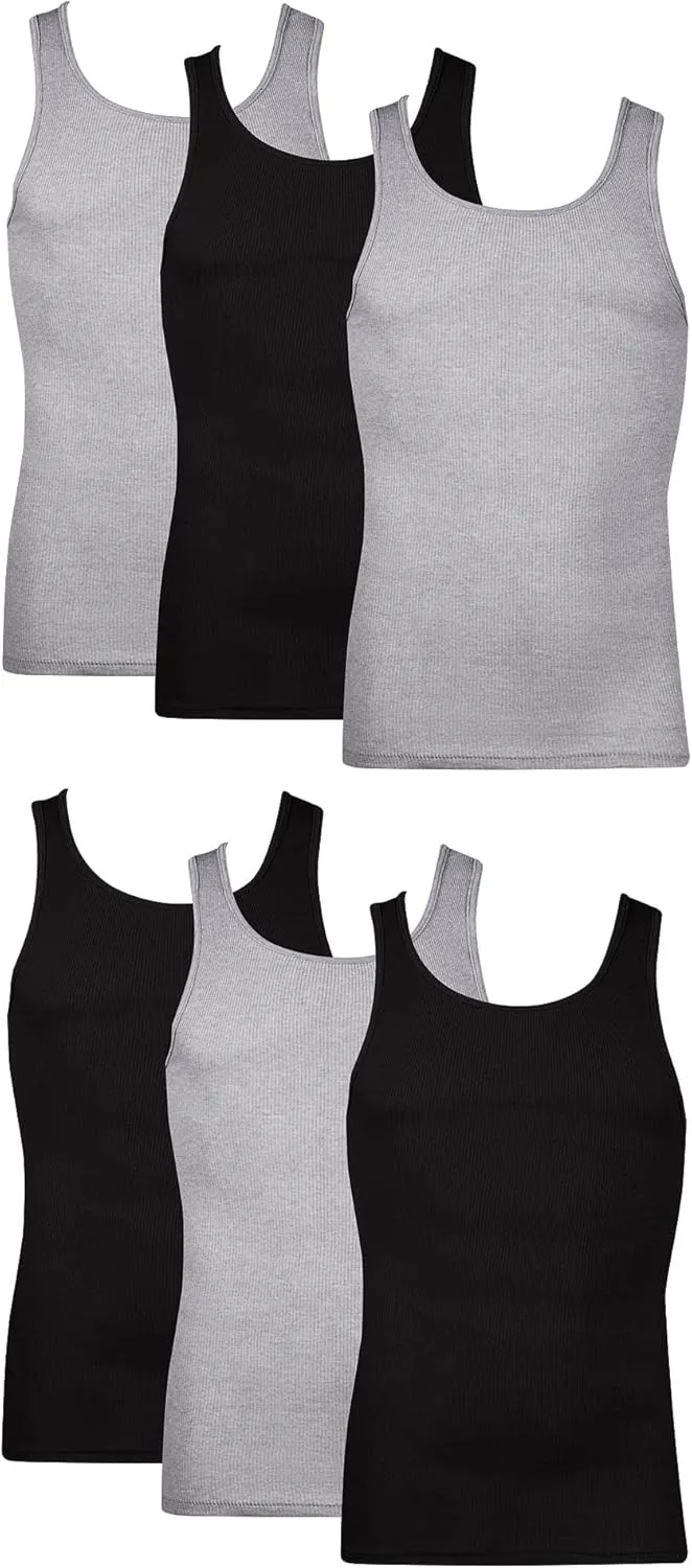Hanes Mens Cotton Tank Undershirts Pack, Moisture-wicking Ribbed Lightweight Multi-pack Underwear, Black/Grey Assorted - 6 Pack, X-Large US