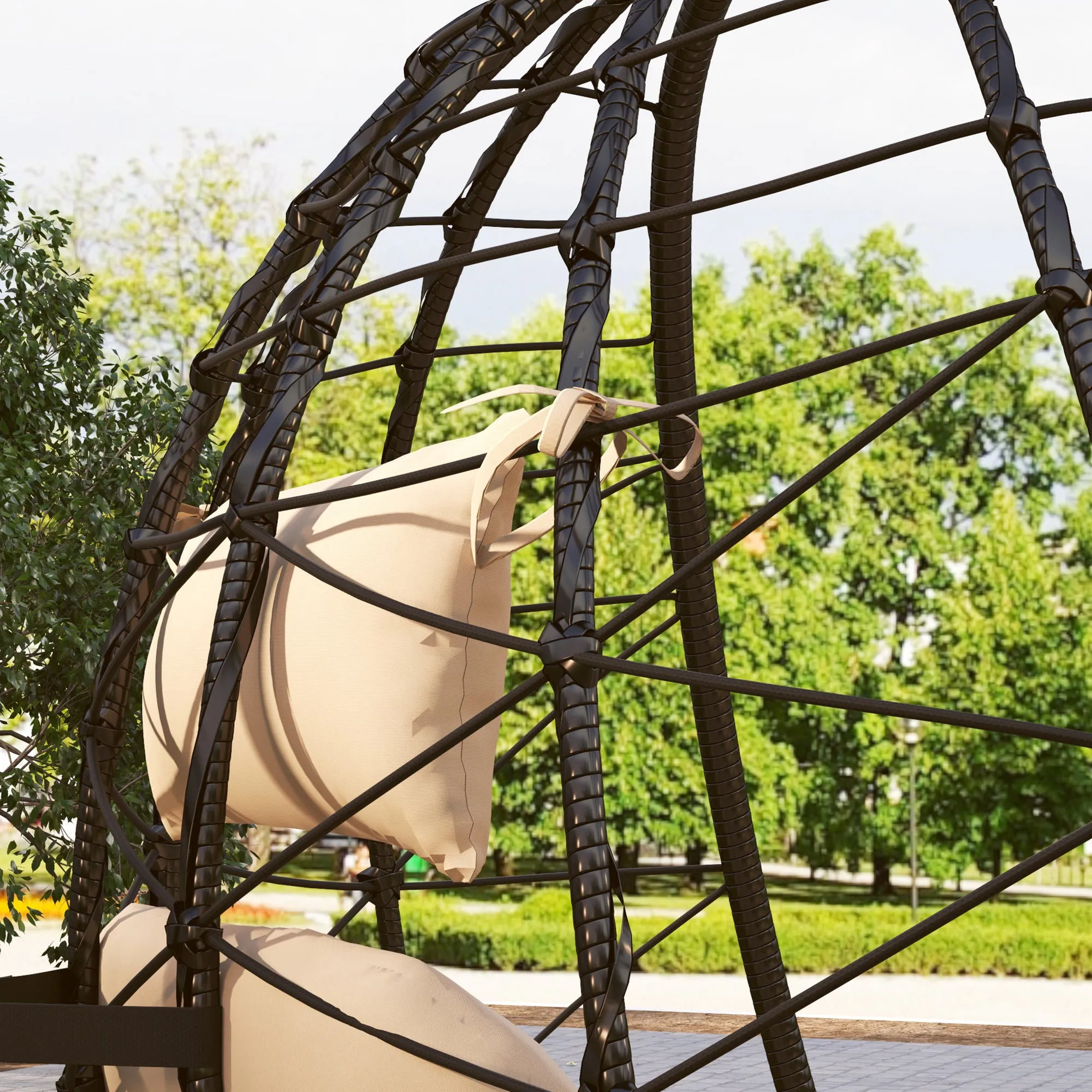 Hanging Egg Chair Outdoor Indoor Garden Swing Chair with Folding Basket, Thickened Cushion, Garden Hanging Chair with Stand, Headrest for Patio, Balcony, Khaki