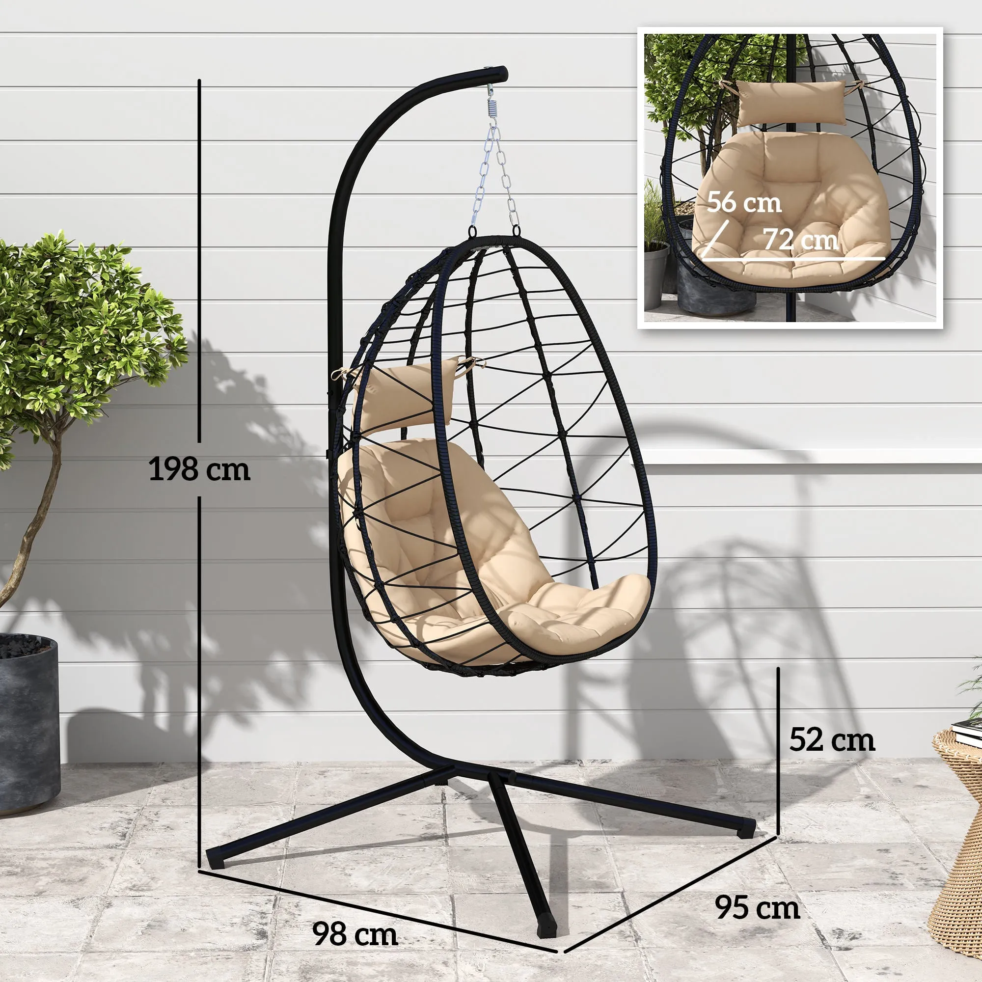 Hanging Egg Chair Outdoor Indoor Garden Swing Chair with Folding Basket, Thickened Cushion, Garden Hanging Chair with Stand, Headrest for Patio, Balcony, Khaki