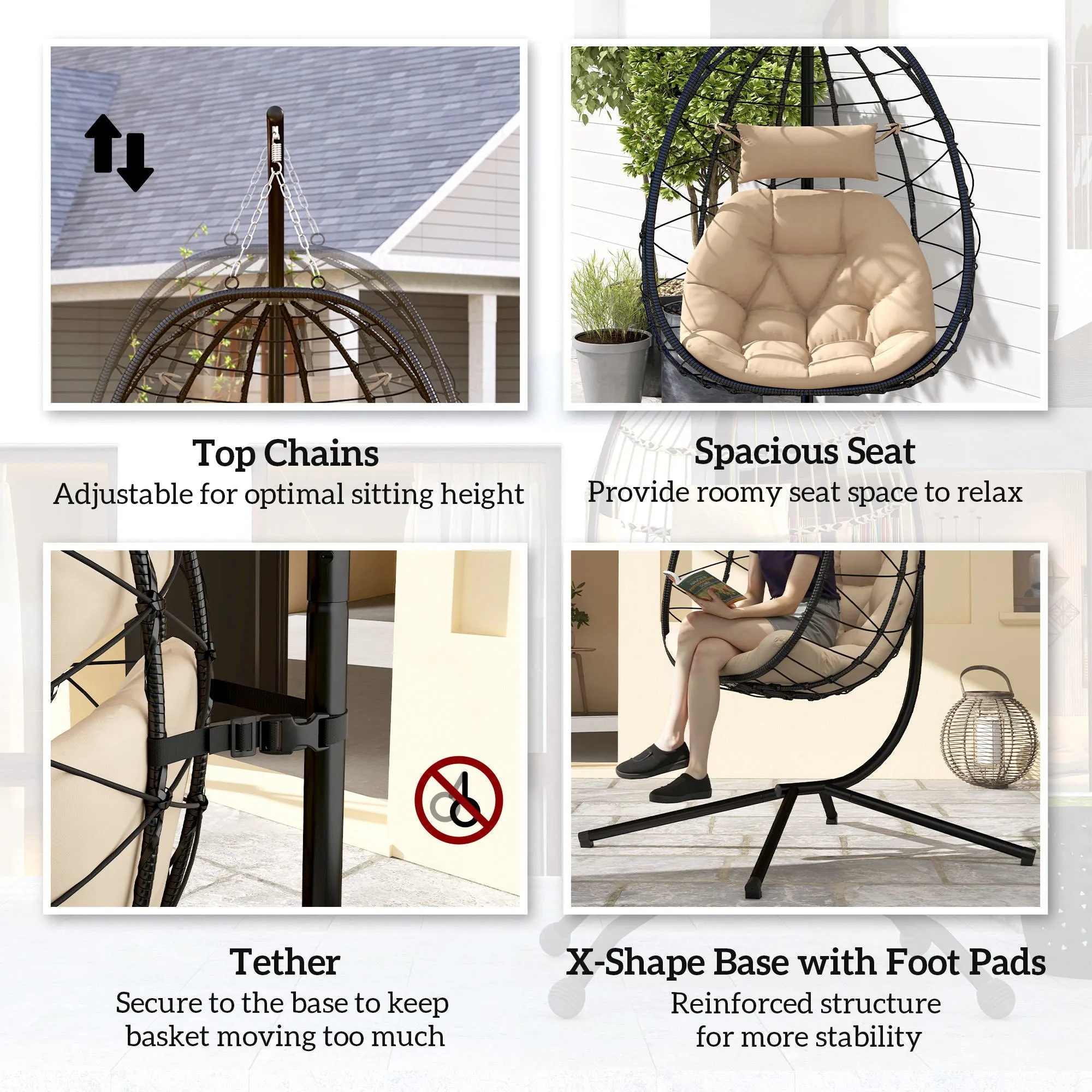 Hanging Egg Chair Outdoor Indoor Garden Swing Chair with Folding Basket, Thickened Cushion, Garden Hanging Chair with Stand, Headrest for Patio, Balcony, Khaki