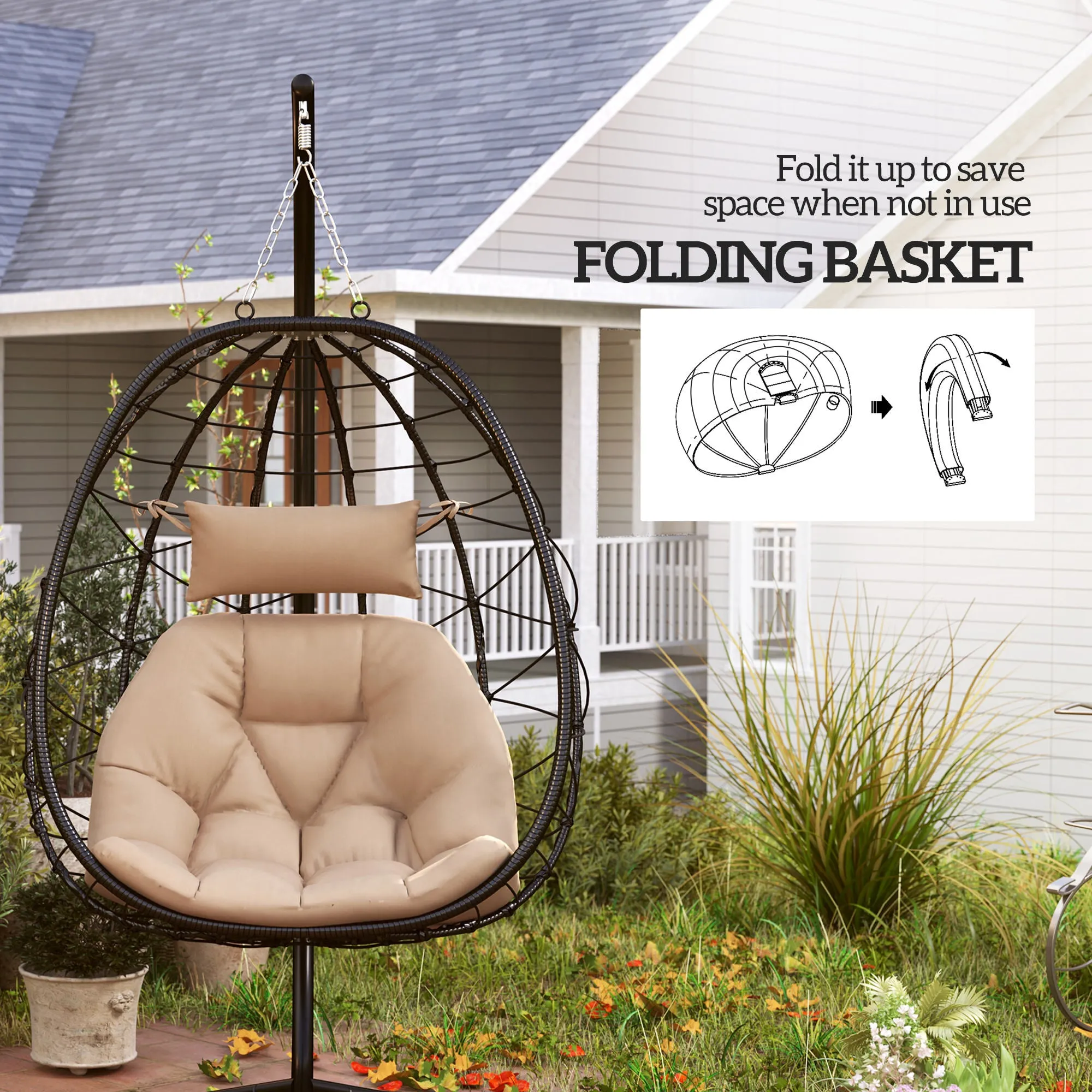 Hanging Egg Chair Outdoor Indoor Garden Swing Chair with Folding Basket, Thickened Cushion, Garden Hanging Chair with Stand, Headrest for Patio, Balcony, Khaki