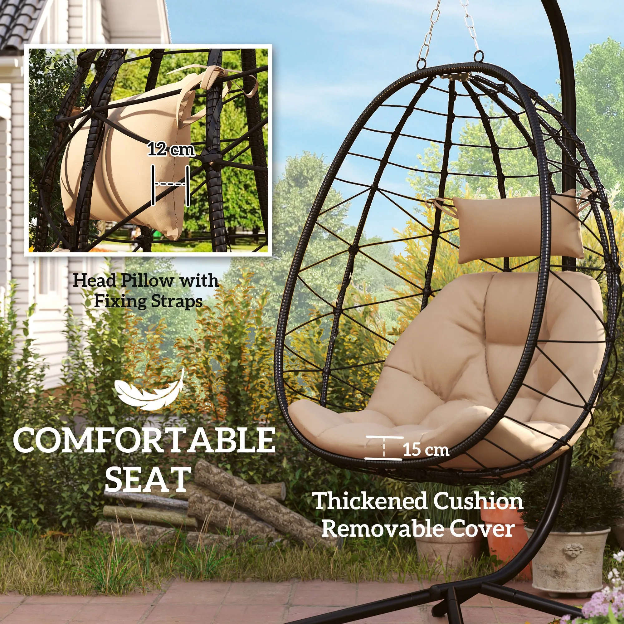 Hanging Egg Chair Outdoor Indoor Garden Swing Chair with Folding Basket, Thickened Cushion, Garden Hanging Chair with Stand, Headrest for Patio, Balcony, Khaki