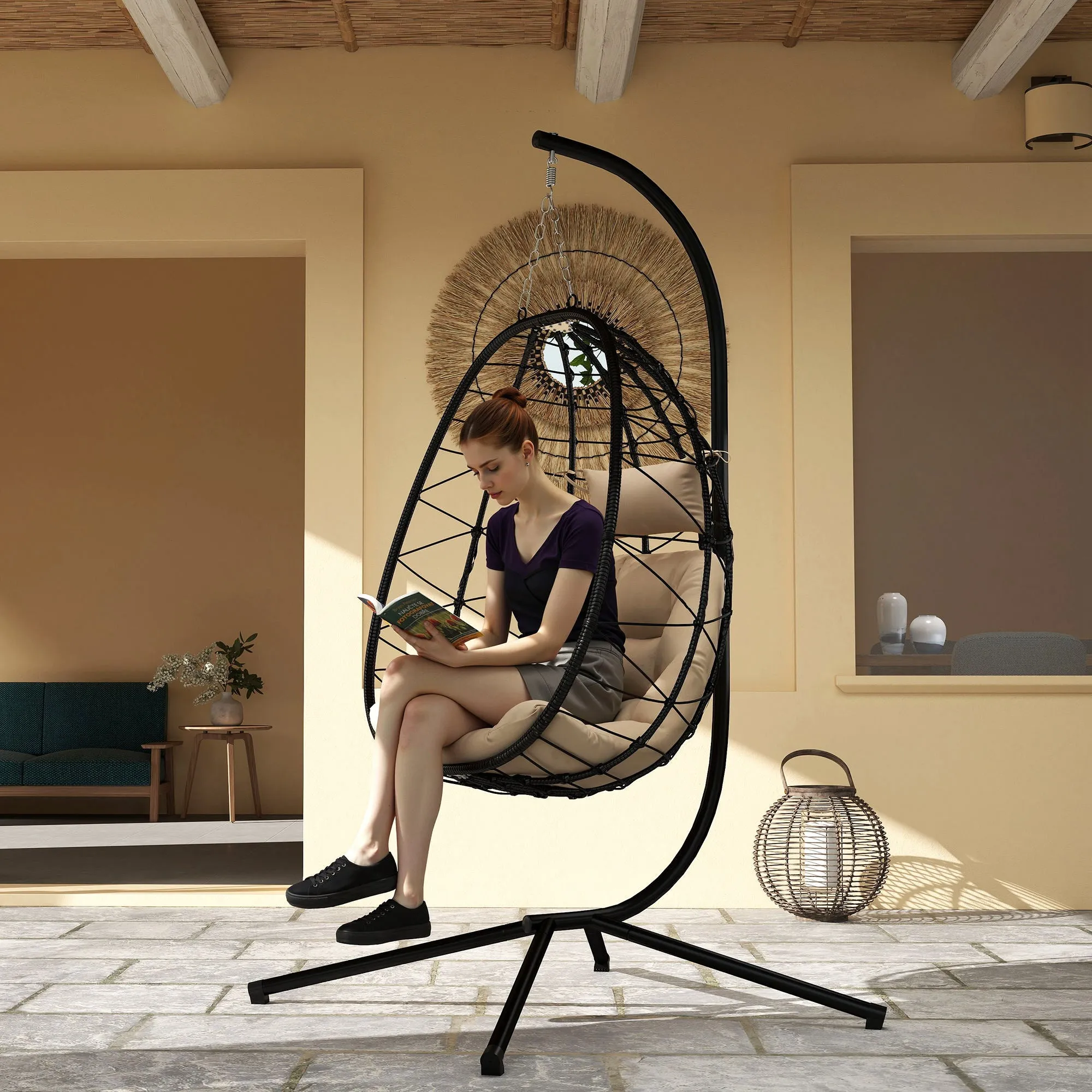 Hanging Egg Chair Outdoor Indoor Garden Swing Chair with Folding Basket, Thickened Cushion, Garden Hanging Chair with Stand, Headrest for Patio, Balcony, Khaki