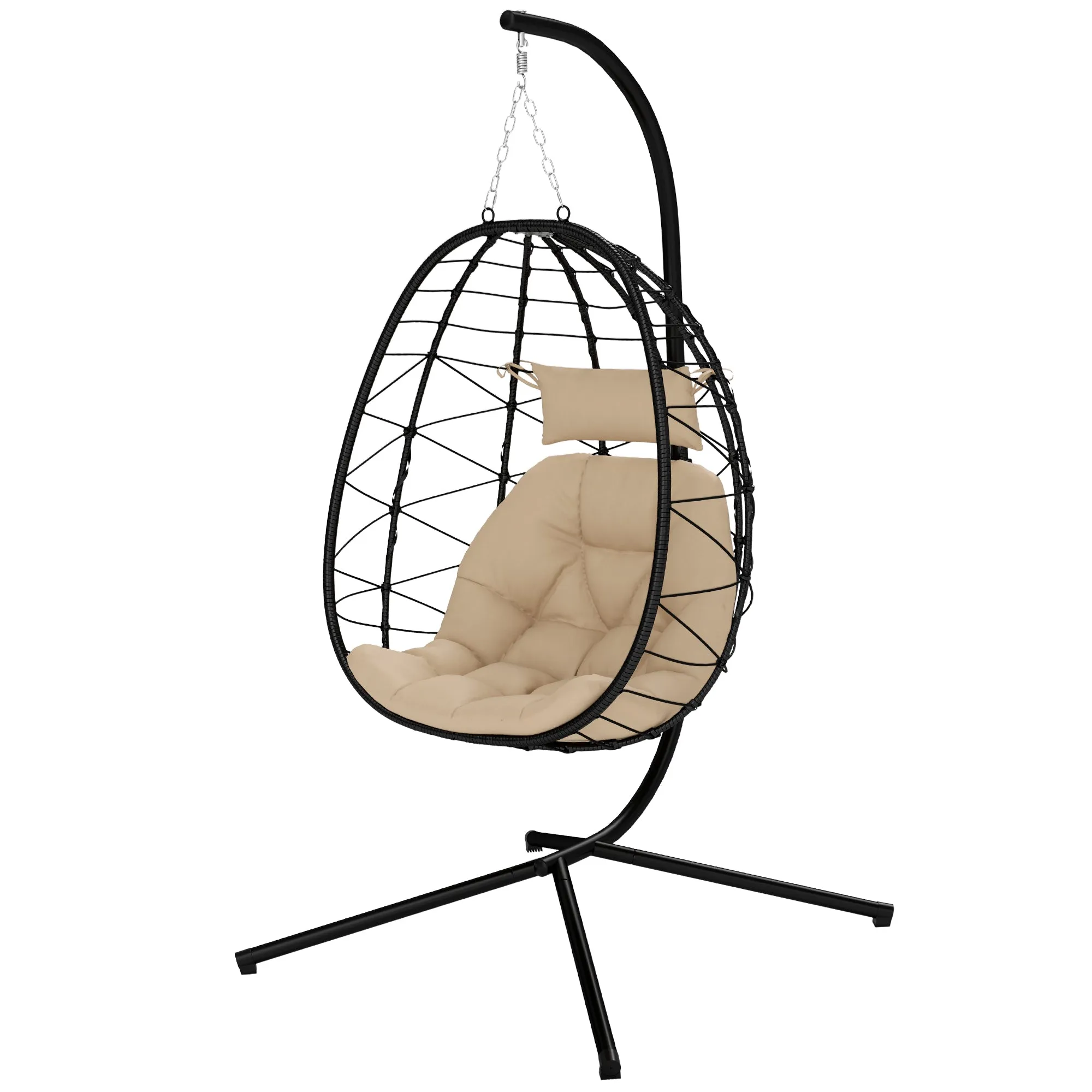 Hanging Egg Chair Outdoor Indoor Garden Swing Chair with Folding Basket, Thickened Cushion, Garden Hanging Chair with Stand, Headrest for Patio, Balcony, Khaki