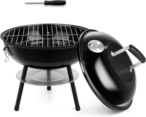 HaSteeL 14 Inch Charcoal Grill, Small Black Enamel Outdoor BBQ Grill, Mini Flat Top Kettle Barbecue Grill with Screwdriver, Portable for Backyard Garden Camping Cooking Smoking, Dual Venting System