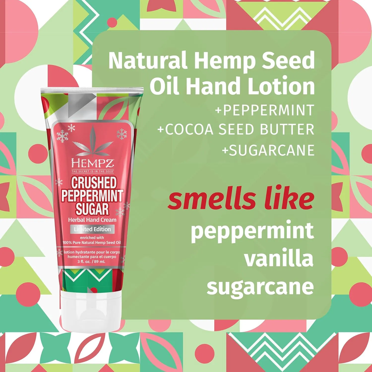 Hempz Crushed Peppermint Sugar Hydrating Hand Cream, Travel Size, Holiday Gift for Men and Women, 3 oz (Pack of 2)