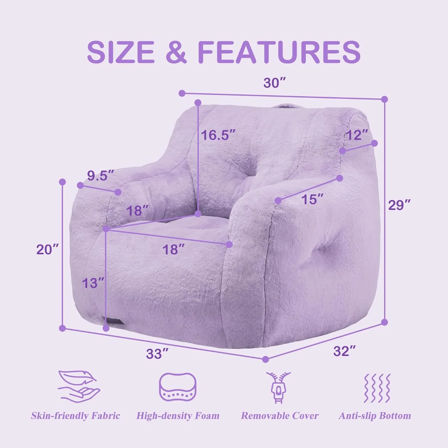 Hobestluk Bean Bag Chair for Adult Small Bean Bag Chairs with Arms Furry Beanbag Chair with Foam Filler Stuffed Bean Bag Sofa for Reading in Bedroom Living Room and Dorms (Purple)