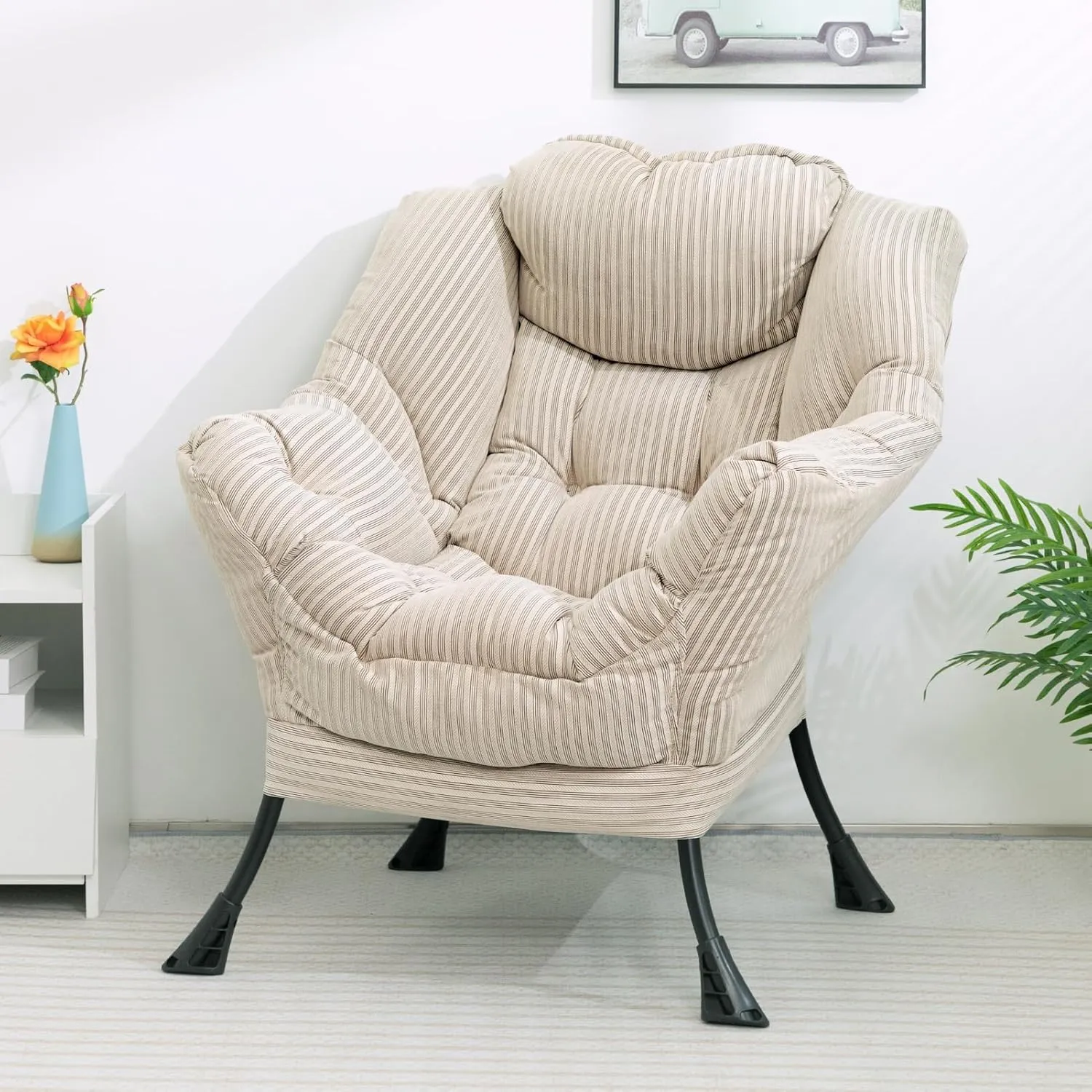 HollyHOME Fabric Lazy Chair with Foldable Ottoman, Accent Comfy Lounge Arm Chair and Folding Footrest Stool Set, Leisure Sofa Reading Chair and Footstool for Living Room, Bedroom, Dorm, Beige Stripe