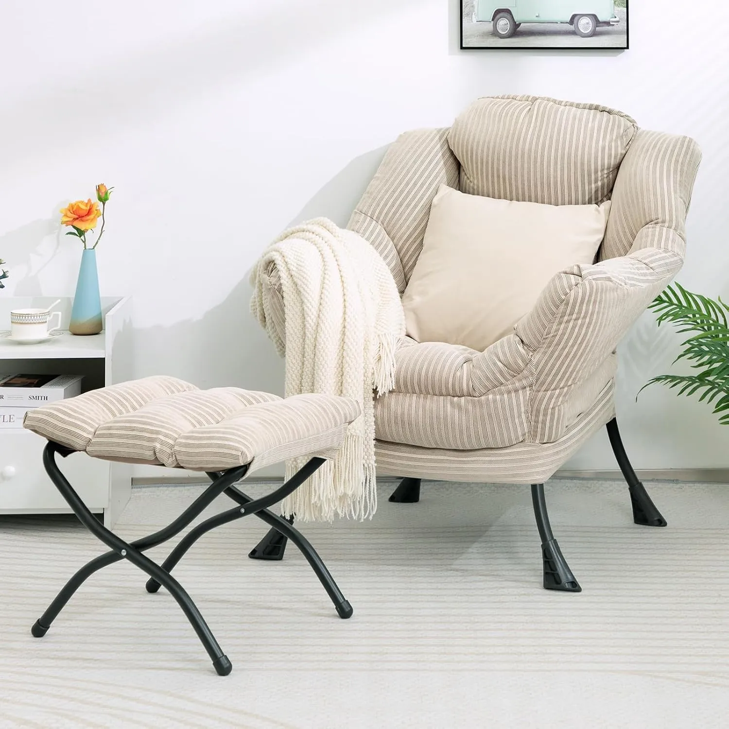 HollyHOME Fabric Lazy Chair with Foldable Ottoman, Accent Comfy Lounge Arm Chair and Folding Footrest Stool Set, Leisure Sofa Reading Chair and Footstool for Living Room, Bedroom, Dorm, Beige Stripe