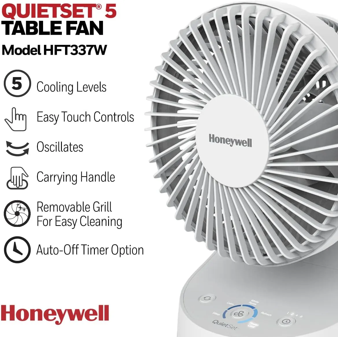 Honeywell QuietSet 5 Oscillating Table Fan, White – Personal and Small Room Fan with Quiet Operation and 5 Levels of Power and Sound