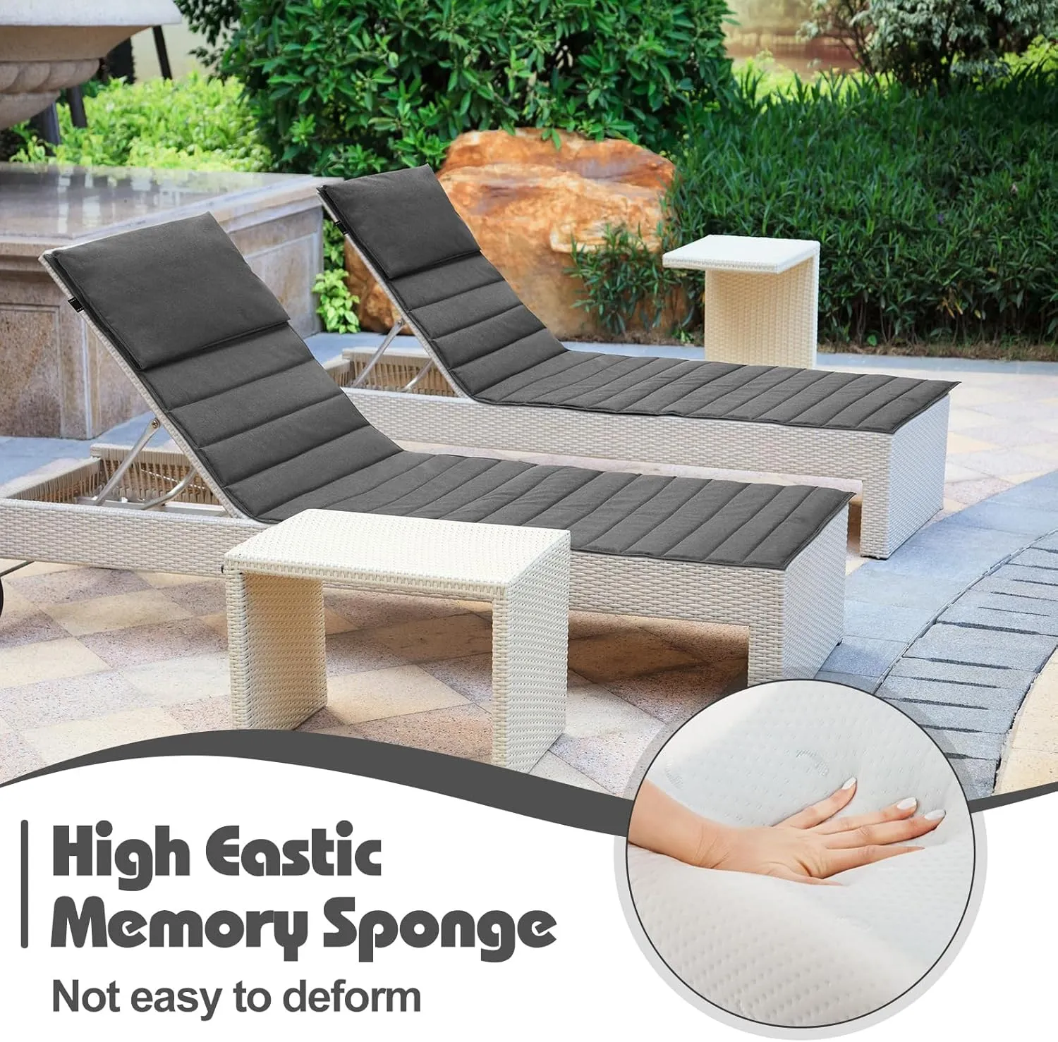 Hoolerry 2Pcs Outdoor Lounge Chair Cushions Waterproof Folding Chaise Lounge Cushion for Patio Lawn Pool Beach Chair Pad with Headrest and Pocket 72'' x 21'', No Chair(Grey)
