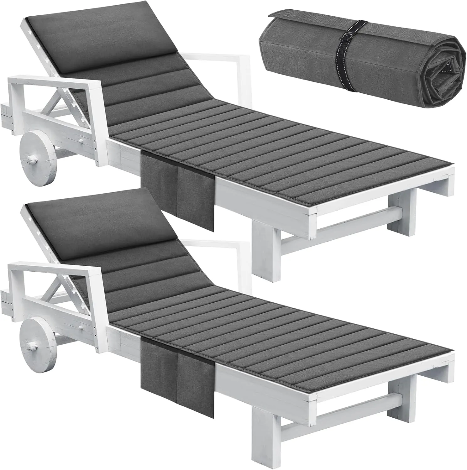 Hoolerry 2Pcs Outdoor Lounge Chair Cushions Waterproof Folding Chaise Lounge Cushion for Patio Lawn Pool Beach Chair Pad with Headrest and Pocket 72'' x 21'', No Chair(Grey)