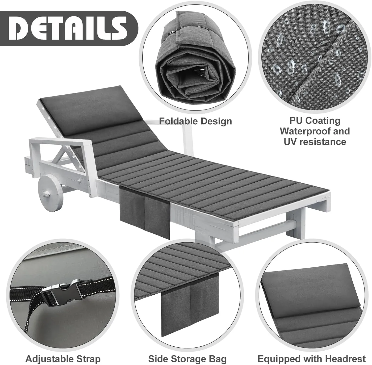 Hoolerry 2Pcs Outdoor Lounge Chair Cushions Waterproof Folding Chaise Lounge Cushion for Patio Lawn Pool Beach Chair Pad with Headrest and Pocket 72'' x 21'', No Chair(Grey)