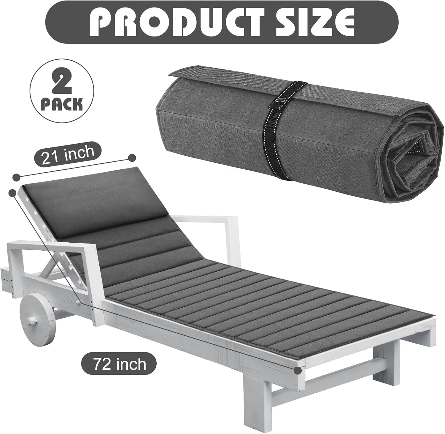 Hoolerry 2Pcs Outdoor Lounge Chair Cushions Waterproof Folding Chaise Lounge Cushion for Patio Lawn Pool Beach Chair Pad with Headrest and Pocket 72'' x 21'', No Chair(Grey)