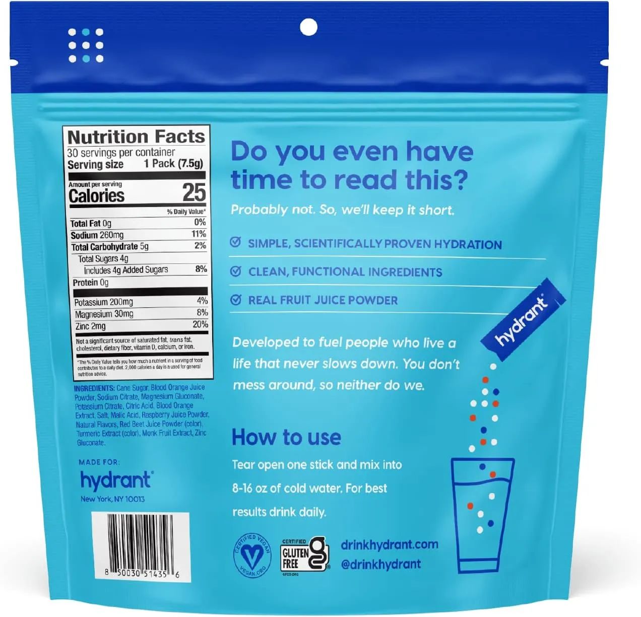 HYDRANT Hydrate, Individual Hydration Electrolyte Powder Stick Packets with No Artificial Sweeteners, Colors, or Fillers (Blood Orange, 30 Pack)
