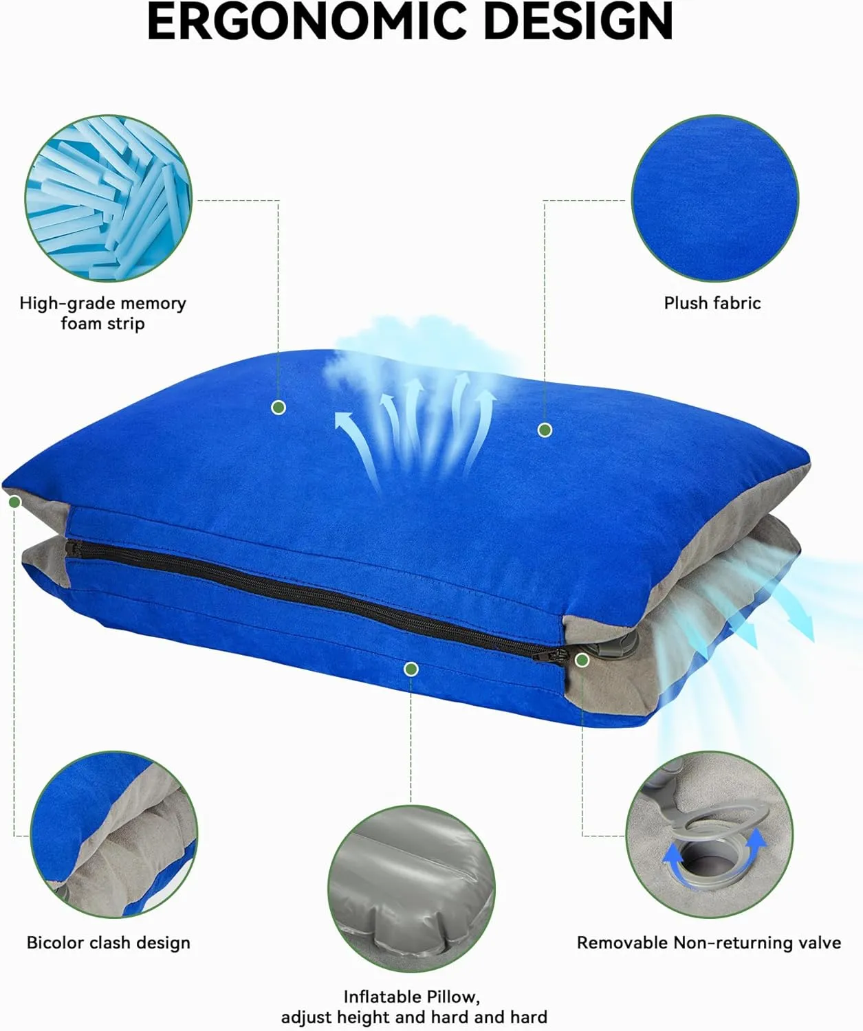 JefDiee Inflatable Camping Lumbar Pillow with Memory Foam and Washable Cover Travel Pillow for Airplanes, Camping (Blue M)
