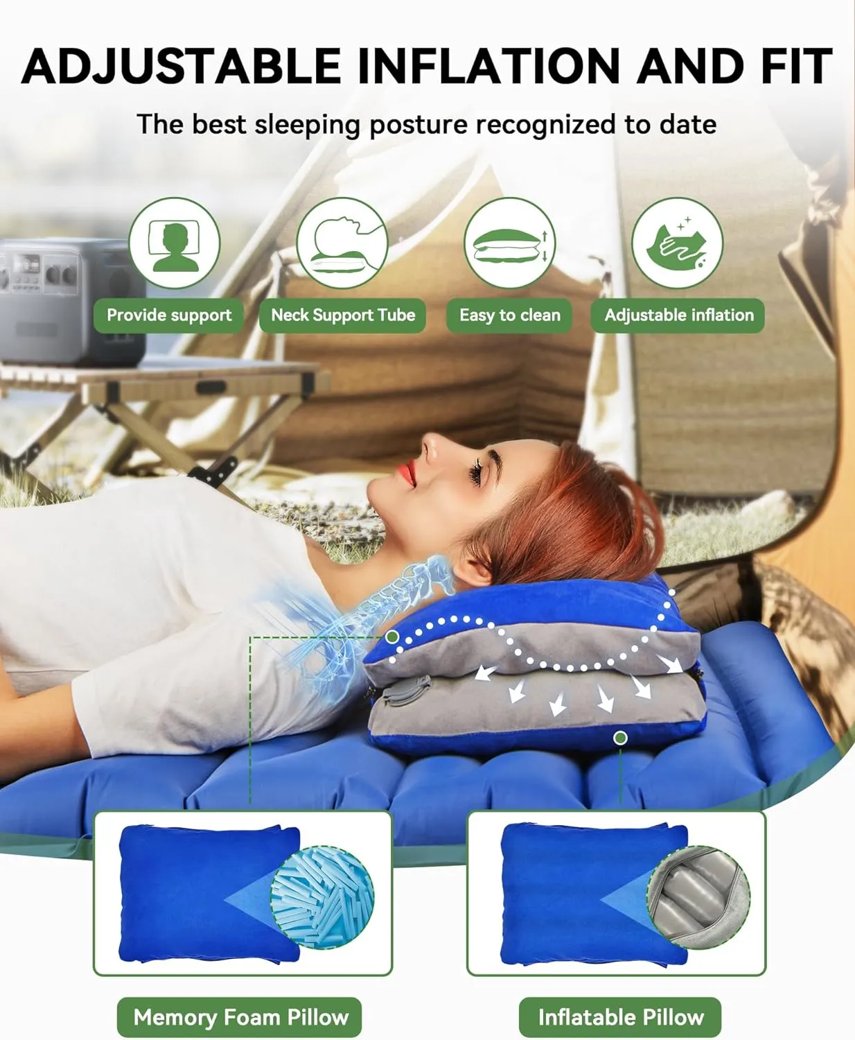 JefDiee Inflatable Camping Lumbar Pillow with Memory Foam and Washable Cover Travel Pillow for Airplanes, Camping (Blue M)